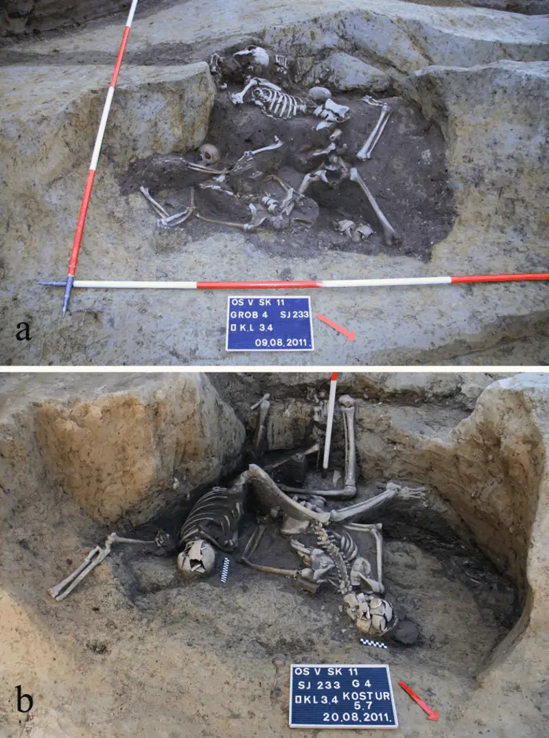 Il pozzo SU 233/234 durante diverse fasi di scavo, che mostra la posizione degli scheletri.
